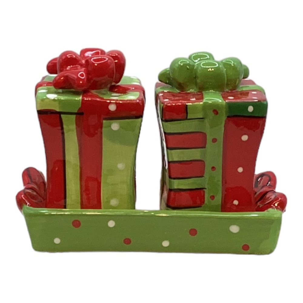 Salt and Pepper Shakers Presents  on a Tray by Kirklands NIB 2.25"